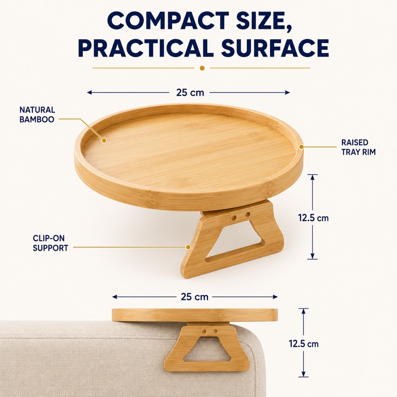 Bamboo Sofa Armrest Tray Table, Clip-On Round Couch Tray for