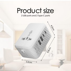 BOBOPACK Worldwide Travel Adapter (2 USB-A + 2 Type C), Travel Adapter Worldwide, 17W-3.4A Universal Travel Plug, Suitable for EU/UK/USA/Australia Compatible with Smartphone, Tablet, Travel Charger