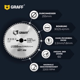GRAFF Saw Blade 254 x 30 (255 x 30) Metal Steel Aluminium Metal Tubes - Circular Saw Blade 254 x 30 mm for Chop Saw, Exchange Saw, Table Saw, Cordless Circular Saw - Professional Saw Blade 254 x 30 mm