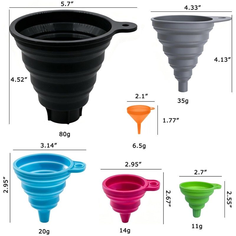 Set 6 embudos silicona plegables grado alimenticio, colores variados para
