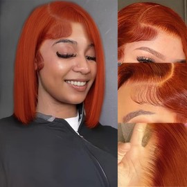 Jreitsere Ginger Bob Lace Front Wigs Human Hair 13x6 HD Lace Frontal 200% Density Straight Bob Orange Ginger Wig Lace Front Human Hair Pre Plucked Hairline with Baby Hair #350 12 Inch