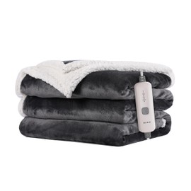 BRILLIO Electric Heated Blanket Flannel & Sherpa 62"x84" Twin Size - 4 Heat Levels 10H Auto Shut Off Fast Heating Cozy and Comfortable Warm Gifts, Machine Washable - Dark Gray