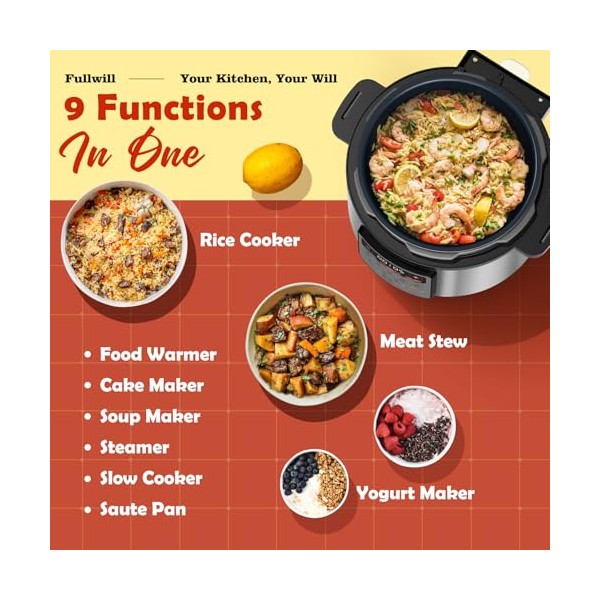 Fullwill Fullwill Electric Pressure Cooker Uni 6qt, 9-in-1 Multi-Functional Slow