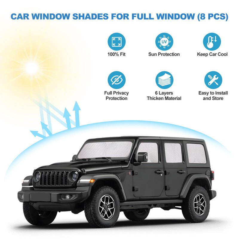 XCBYT 2019-2024 Wrangler Window Shades | 6 Layers Thickened Car