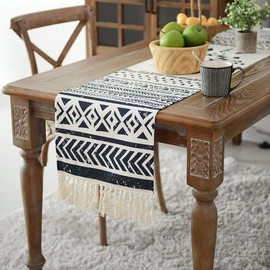 ARTABLE Black and White Boho Table Runner Waterproof Linen with Tassel Retro Print Pattern Suitable for Dining Table Wedding Garden (Black and White Print, 40x220cm)