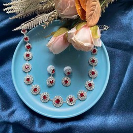 Resweky Wedding Necklace Earrings Sets Silver Rhinestone Sparkly Bridal Jewelry Set Wedding Accessories for Women (Red)