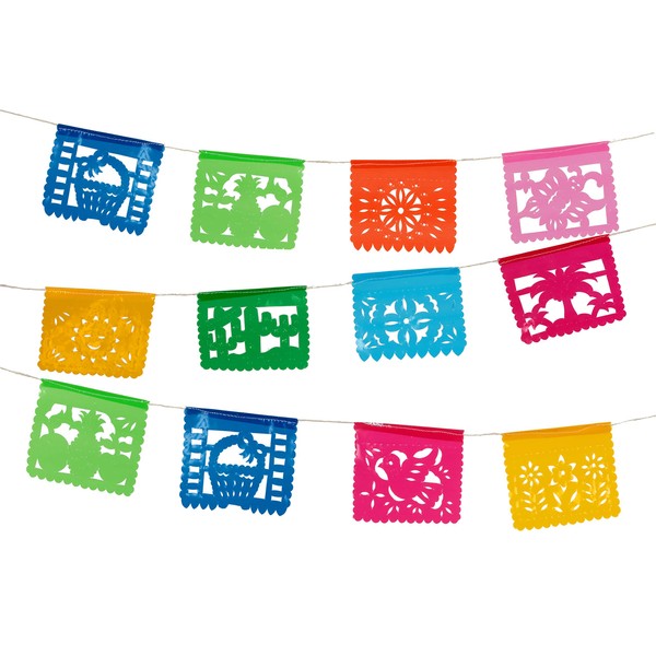 Paper Full of Wishes I Mini Plastic Mexican Papel Picado Banner I Toda Ocasion I Multi-Color 4 Feet Long I 10 Small Panels Ideal for Altars, Crafts, Etc