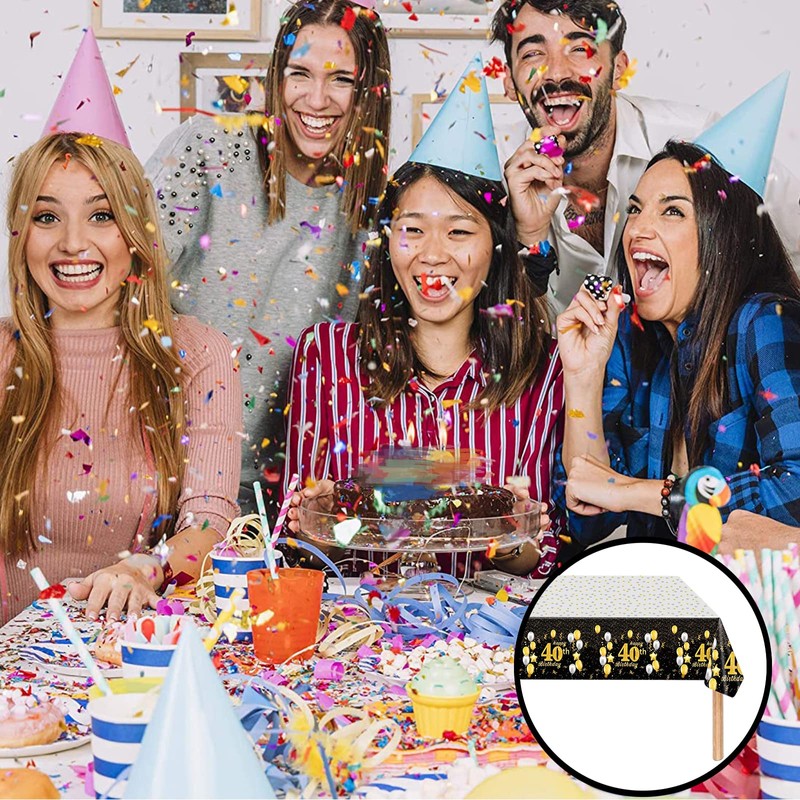 Black Gold Happy 40th Birthday Table Cloth Cover Party for