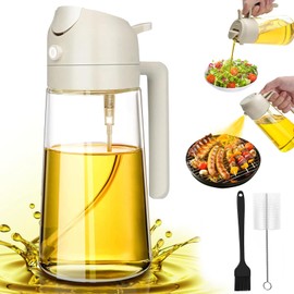 Oil Sprayer for Cooking, 2 in 1 Oil Dispenser for Kitchen, 470ml Olive Oil Dispenser Bottle Spray and Pour, Oil Spray Bottle with Oil Brush & Cleaning Brush, Cooking Oil Sprayer (Creamy White)
