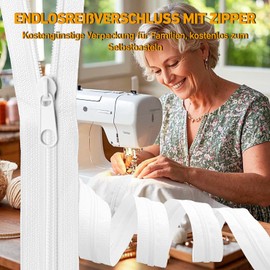 Aerzouser Endless Zip with Zipper, #5.10 m Zip Sold by the Metre, Bring 10 with Zipper, Nylon Zip Endless, Zip, Suitable for Clothing, Bed Linen, etc. (White, #5)