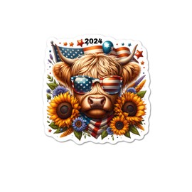 4th of July cute Partiotic Highland Cow waterproof 3 inch sticker, Perfect for putting on planners, tumblers, cell phones, laptops, toolboxes (NOT A VEHICLE DECAL!) gifts for her gifts for him