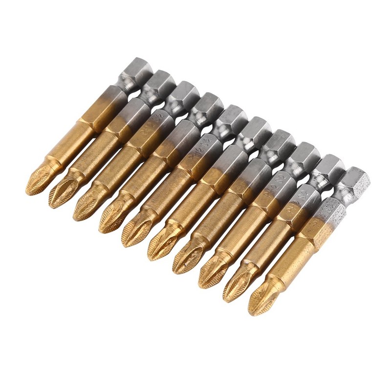 10 Titanium-Plated Non-Slip Bits 50Mm Long (Ph2 Head Type) PH2