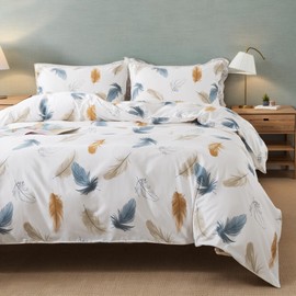 Lemfux Cotton Duvet Cover Full 3Pieces Cotton Feather Print White Duvet Cover Set, Pattern Modern Comforter Cover Set with Metal Zippers Bedding Set 1 Duvet Cover 82"x86", 2 Pillowcases 19"x29"