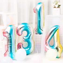 Ponmoo Balloons Numbers 11 Colour Gradient Blue, Giant Number 0 1 2 3 4 5 6 7 8 9 10-19 20-29 30-39 40 50 60 70 80 90 100, Large Foil Balloons for Wedding Anniversary, Birthday Party Decoration