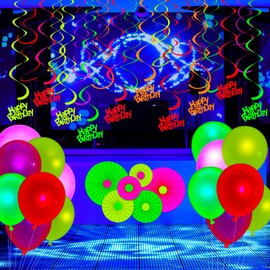 Neon Party Supplies Neon Party Decorations Glow in The Dark Party Supplies Neon Balloons Black Light Balloons Neon Streamers Glow in The Dark Neon Hanging Swirls for Kids Adults Girls Boys