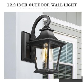 Emliviar Outdoor Porch Light, Modern Outside Wall Light Fixture for House Garage, Clear Glass in Black Finish, 12" Height, XE219B BK
