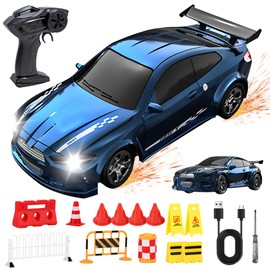 Afenau RC Drift Car, 1:64 Ferngesteuertes Auto Drift mit StraßEnsperren für Den Verkehr, 4WD Drift Auto Ferngesteuert mit LED-Leuchten, 10 km/h, 2.4GHz Mini RC Car für Kinder Ab 6 Jahren (Blau)