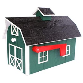 Amish-Made Deluxe Wooden Mailbox, Dutch Barn Style (Forest Green with White Trim)