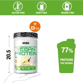 Weider Vegan Protein (540g) Vanilla Flavour. Quality Protein 100% Plant-Based 23g/Serving, Pea Isolate (Pisane) & Rice. with Vitamin B12 & Stevia. Gluten Free, No Sugar. (18 Servings)