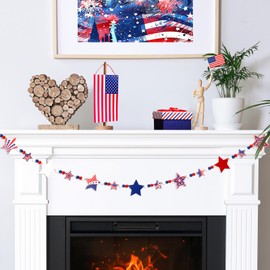 MARFOREVER Patriotic Red White Blue Garland, 4th of July Wooden Beads Garland with Star Charms Rustic Farmhouse American Colors for Independence Day Memorial Veterans Fireplace Wall Decorations