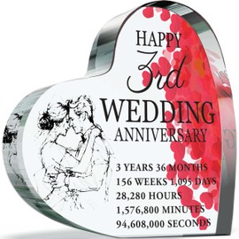 3rd Anniversary Plaque Gifts for Wife Husband - Happy Leather Wedding Anniversary - I Love You Romantic Acrylic Heart Gift For Women Men, 100mm x 100mm Present For Couples Third Anniversaries