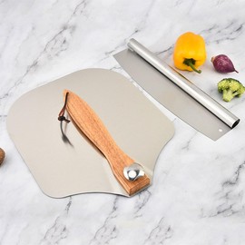 Pizza Peel Aluminum Pizza Spatula, Metal Pizza Paddle(12inx 14in) with Rocker Cutter Foldable Wood Handle, for Family Pizza Oven Baking Pizza, Dough, Bread & Pastry