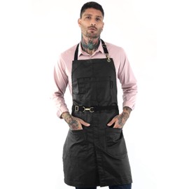 Under NY Sky No-Tie Panther Black Apron – Coated Twill with Leather Reinforcement, Split-Leg, Adjustable for Men and Women – Pro Barber, Tattoo, Barista, Bartender, Hair Stylist, Server Aprons