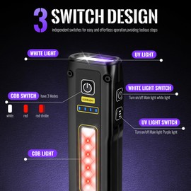 Flashlight UV Light 395nm, Blacklight EDC Flashlights Mini LED high Lumen USB -C Rechargeable Portable with Magnetic Base, COB White & Red Light, Output Emergency Power, for Pet Urine, Resin Curing