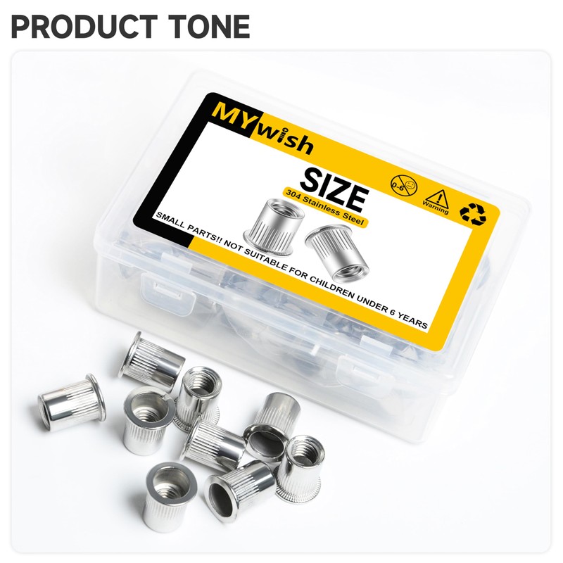 Mywish 100Pcs #8-32 Rivet Nuts, 304 Stainless Steel Flat Head