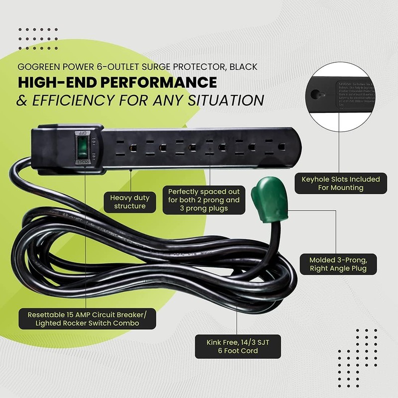 GoGreen Power Inc. (G-16106MSBK-2) 6 Outlet Surge Protector, 6FT Cord,