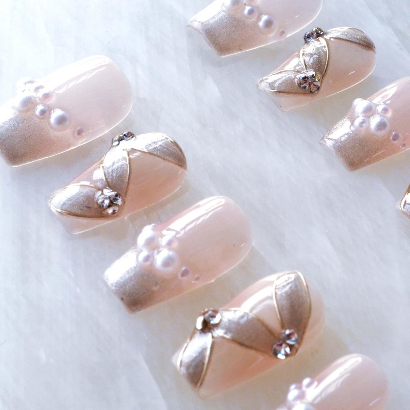 Press-on False Nails, medium ballerina Cat Eye Silk Ribbon with