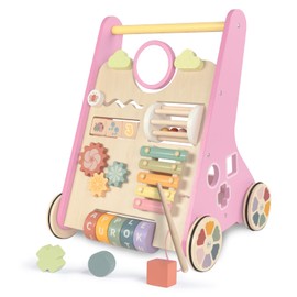 LOL-FUN Wooden Baby Walker With Wheels for Girls 12 Months - Pink Push Toy for 1 Year Old Walking