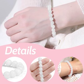 VJUYSW 1 x 8 mm 7A Natural White Agate Bracelet, Natural White Agate Bracelet, Adjustable Pearl Bracelet
