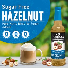 Syruvia Sugar-Free Hazelnut Syrup - 25.4 fl oz. Premium Coffee Flavoring Syrup. 0 Calories, Kosher, and Gluten-Free. Perfect for Drinks, Sodas, Shakes, Desserts, and More.