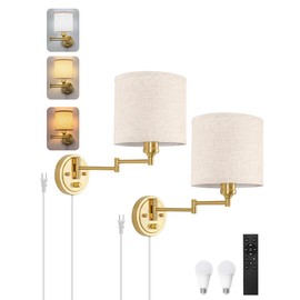 GOODATE Plug in Wall Sconces with Remote Control, Dimming & Adjustable Colors 2700K-6500K, Hardwire or Plug-in, Swing Arm Wall Lamp with Linen Fabric Shade, Wall Sconces Set of Two, Gold Finish