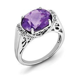 Sterling Silver Rhodium Oval Checker-Cut Amethyst & Diamond Ring