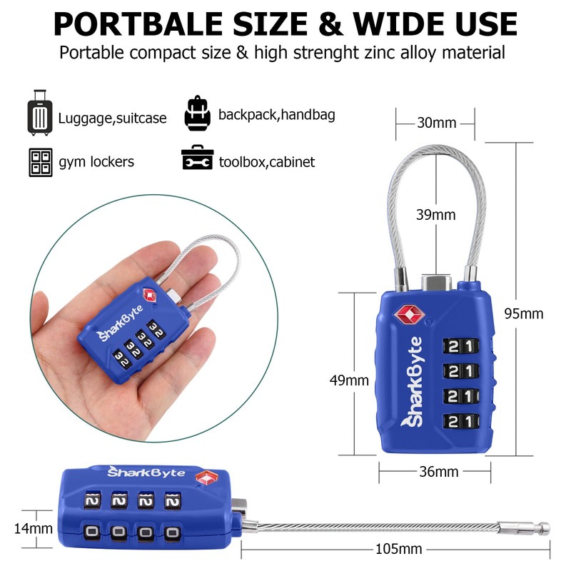 SharkByte TSA Approved Luggage Locks - 4-Digit Combo, (3 Pack)