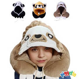 Kids Travel Pillows with Hood, Headrest for Airplane Car Train & Bus, Long trip essentials, Ergonomic cervical support, light-blocking, Hooded animal cartoon designs, Skin-Friendly Soft & Comfortable