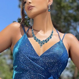 BriLove Wedding Women's Bridal Necklace Earrings Jewelry Set Austrian Crystal Teardrop Cluster Statement Necklace Dangle Earrings Set Sky Blue Silver-Toned