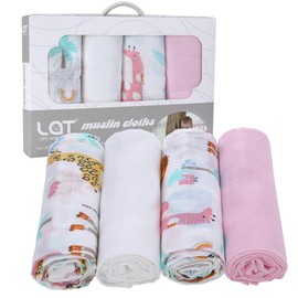 LAT Muslin Cloths for Baby, 4 Pack 70 * 80cm Baby Muslin Squares Burp Cloths for Newborns, 100% Cotton Soft and Breathable Washcloths Muslin Swaddle Blanket for Newborns (Giraffe+Pink+White)