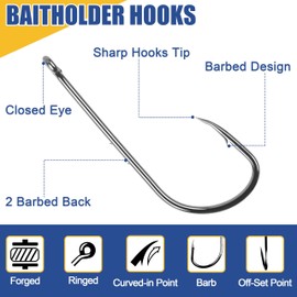 Baitholder Fishing Hooks Kit-120pcs Baitholdr Hooks with 2 Barbs Worm Jig Hooks Closed Eye Long Shank Bait Holders Fish Hooks for Fishing Rigs Freshwater Saltwater