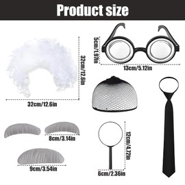 6-teiliges verrücktes Wissenschaftler-Kostüm, inklusive krauser weißer Perücke, Brille, Haarnetz, lustige Schnurrbärte, Augenbrauen, Krawatte und Lupe, Kinder-Wissenschaftskostüm für Festival, Party