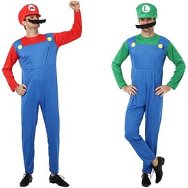 AUTOWT AUTOWT Disfraz de Súper Hermanos para Adulto, Kit de 3 Piezas con Mono, Sombrero, Gorra y Bigote, Mono Clásico Halloween para Mujer y Hombre