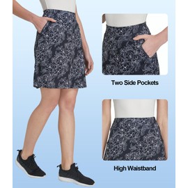 Westkun Skort Women's Knee-Length Trouser Skirt Active Hiking Skirt with Inner Shorts Tennis Skirt Golf Skirt with Pockets Summer Sports Skirt Outdoor Side Slit Skirt Skort, b-black flowers