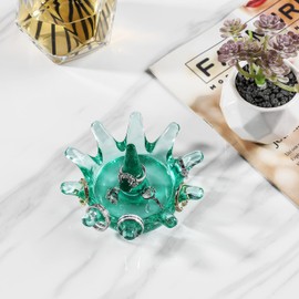 Gala Houseware Solid Colored Glass Jewelry Organizer, 2.6” x 4.3”, Green, Crown Design with Storage Hooks and Dish, Perfect for your Vanity, Bedroom, Bathroom, and Kitchen