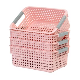 4-Pack Hollow Plastic Storage Baskets with Handles (Pink, Small)