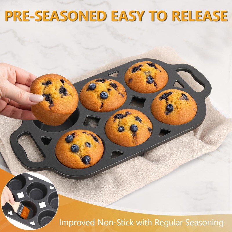 COSORM 6 Cup Cast Iron Muffin Pan - Pre-Seasoned Nonstick