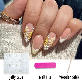 FNKFNK French Tip Press On Nails Medium Almond Fake Nails with Design Cute Bow Yellow Daisy Glue on Nails Glossy Spring Summer Stick on Nails Reusable Glue on Nails for Women Manicure 24Pcs