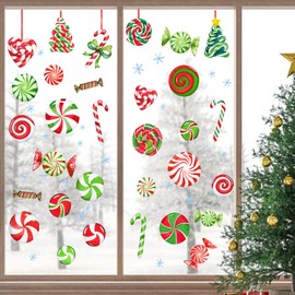 Yovkky Christmas Window Clings 9 Sheets, Xmas Candy Cane Peppermint Lollipop 2025 New Year Stickers Decals Decor, Christmas Snowflakes Winter Holiday Party Home Kitchen Candyland Decorations