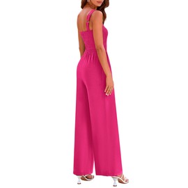 KIRUNDO Jumpsuits for Women Elegant Smocked Wide Leg Sleeveless One Piece Jumpsuits Wide Strap Long Pant Rompers Overalls Brunch Outfits(Rose Red, X-Large)